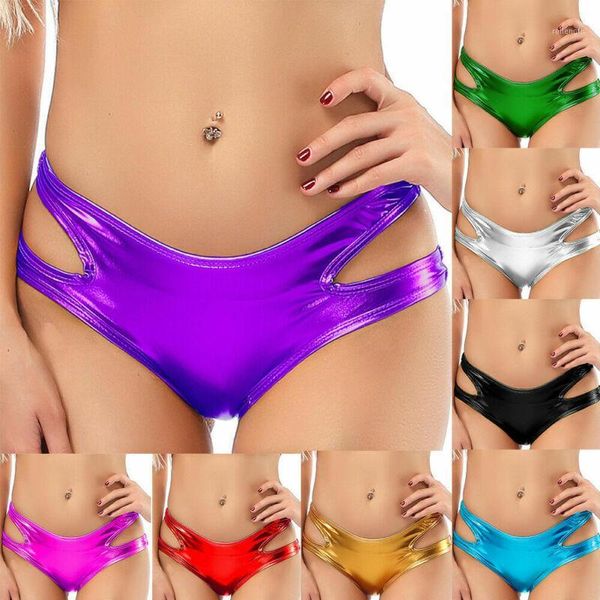 

women lady wet look panties lingerie hollow briefs shining thong underwear bright color erotic knickers femme new1, Black;pink