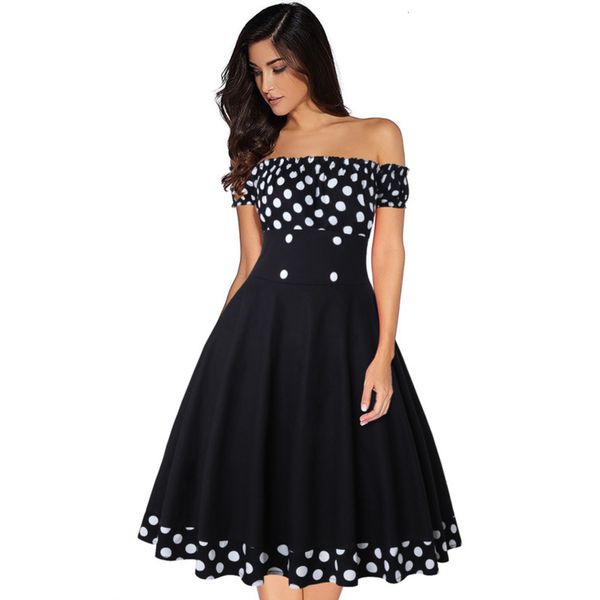 

waist women's hepburn stitching polka dot closing dress, Black;gray
