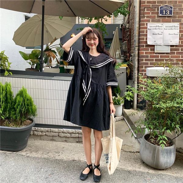 

coigarsam women dress sailor collar loose striped in long dresses black 08191, Black;gray