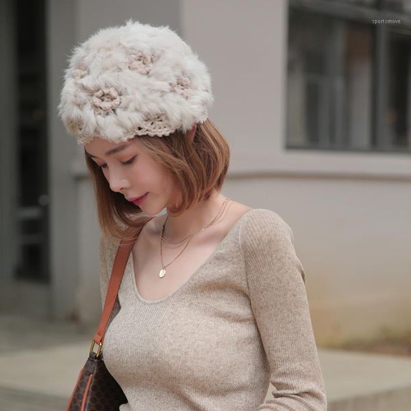 

berets winter women natural real fur hats lady warm soft knit flower striped crochet caps outdoor beanies z4041, Blue;gray