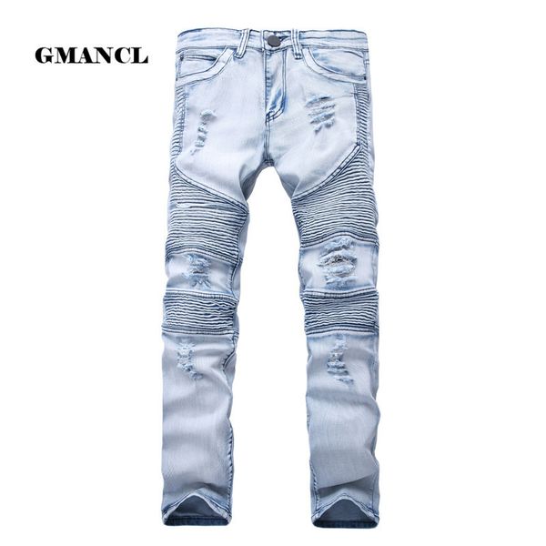 Jeans skinny da uomo Jeans elasticizzati slim effetto consumato Jeans da motociclista in denim Pantaloni hip-hop Jeans strappati lavati plus size 28-42, YA558 201117
