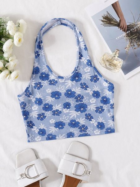 

floral print backless rib knit halter crop 16po#, White