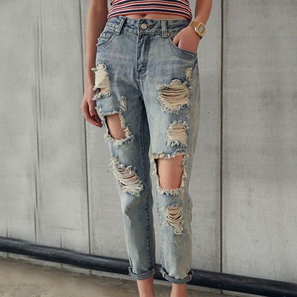 

women's jeans ripped loose pencil boyfriend woman 7js007, Blue