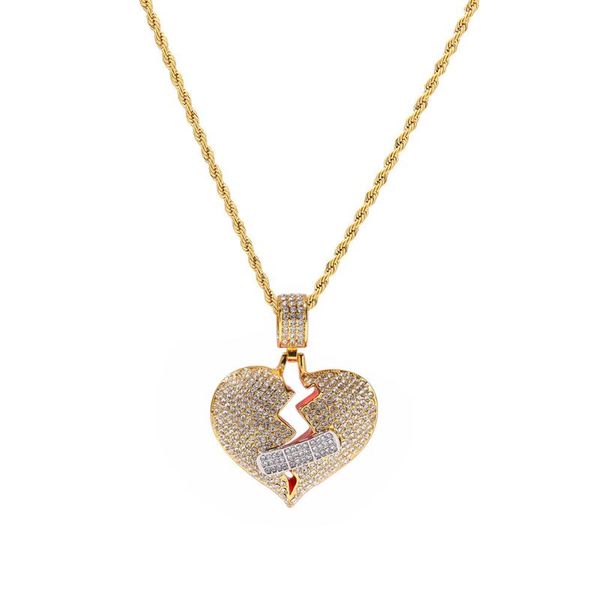 

personalized fashion broken heart pendant necklaces women men hip hop jewelry bling rhinestone gold silver long chain necklace