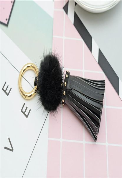 

real mink fur ball key chain with pu leather tassels for women bag key ring holder jewelry pendant neh812 h sqcvbv