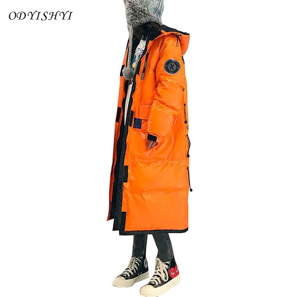 

white duck down jacket women thick bright leather couple large size loose outerwear warm down coat hooded parka femme hiver dh04 c1204, Black