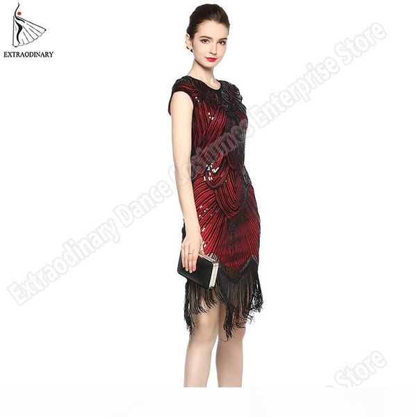 

womens 1920s vintage flapper great gatsby party dress v-neck sleeve sequin fringe midi dresses summer art deco embellished mx200319, Black;gray