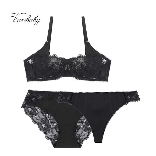

varsbaby new fashion unlined half cup underwear floral lace 3 pcs bras+ panties+thongs c1211, Black;white