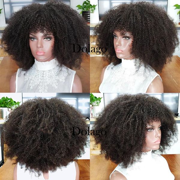 

250 density afro kinky curly lace front human hair wigs with bangs short bob lace frontal wig for women full 4b 4c dolago black, Black;brown