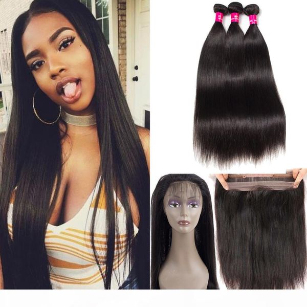 

brazilian virgin hair straight & body human hair 3 bundles with 360 lace frontal 100% unprocessed brazilian peruvian human hair extensions, Black;brown