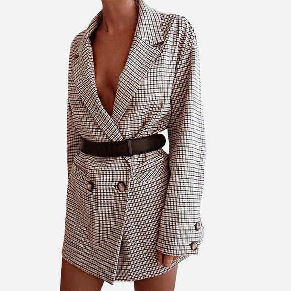 

elegant plaid blazer mini dress women long sleeve oversized jacket office lady wrap bodycon 2019 autumn winter casual streetwear1, White;black