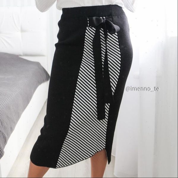 

irregular hem jacquard knitted skirts high waist women knot belt maxi skirts elegant autumn winter pencil sweater skirt, Black