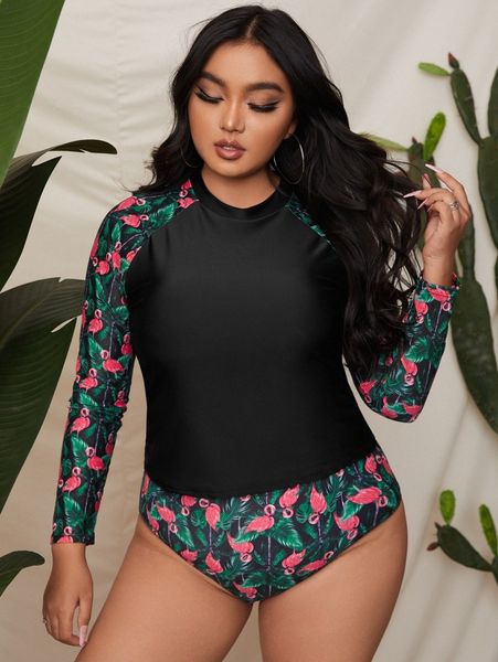 

plus flamingo print long sleeve bikini swimsuit u9zo#, Black