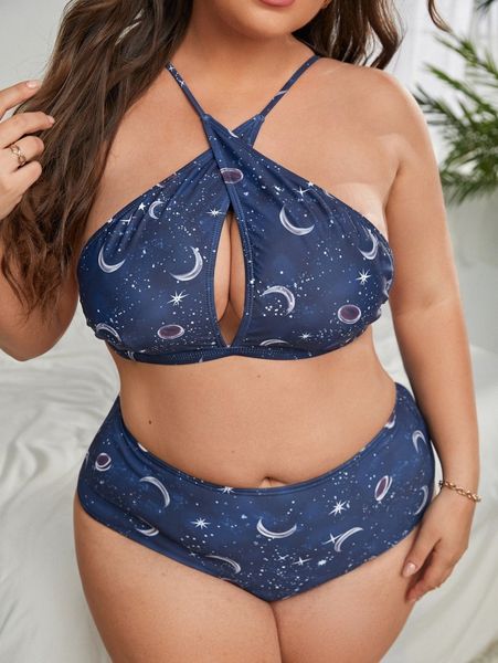 

plus galaxy print wrap bikini swimsuit o71f#, Black
