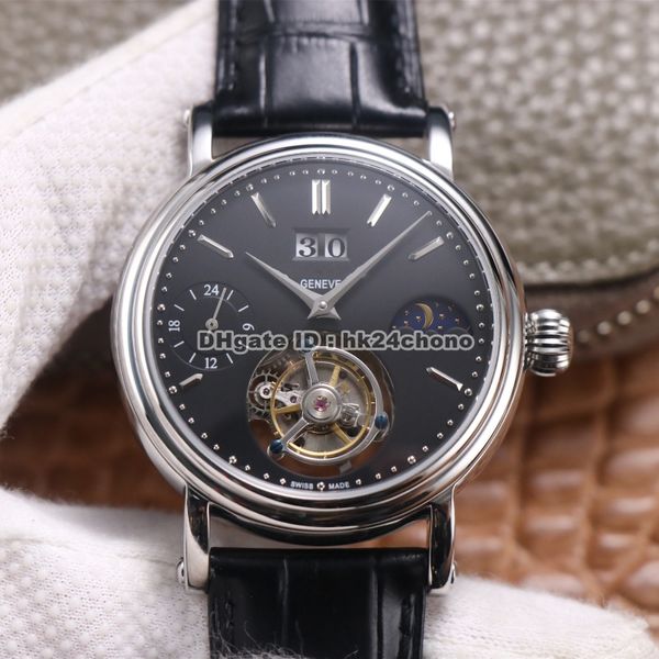 Migliore qualità AXF 42MM Complicazioni Big Date True Tourbillon Orologio meccanico a carica manuale da uomo Quadrante nero Cinturino in pelle Orologi da uomo