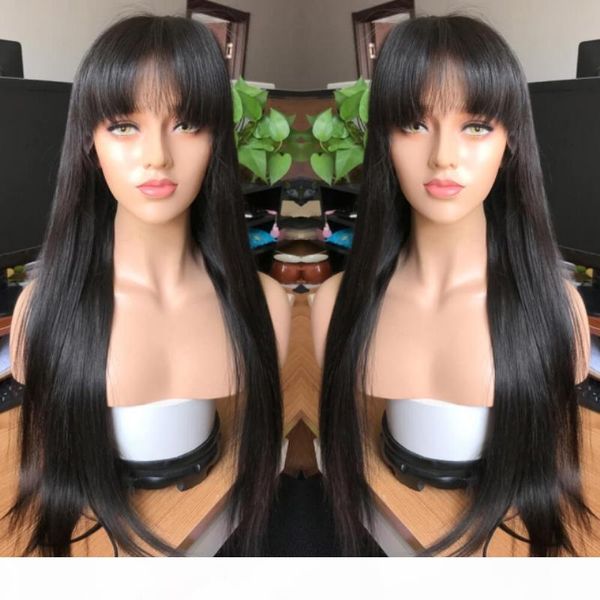 

hd transparent lace front wig bangs silk straight human virgin brazilian remy hair glueless pre plucked hd transparent full lace front wigs, Black;brown