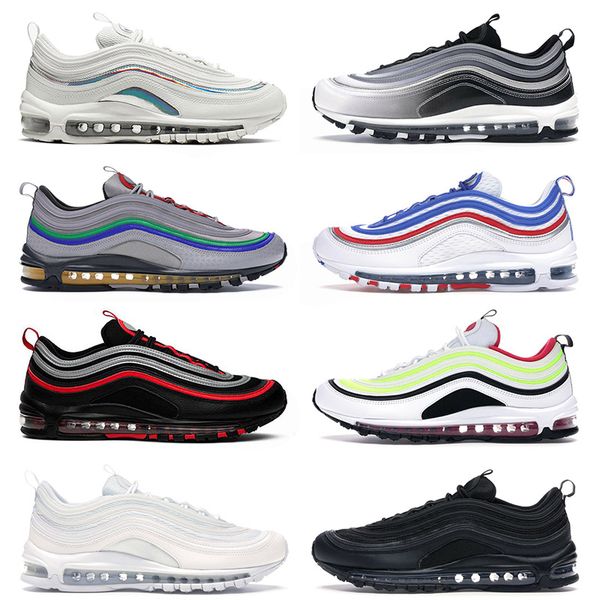 

new 2021 triple balck og 97s all white mens women cushion running shoes bred star silver iridescent volt jayson tatum trainers sneakers, White;red