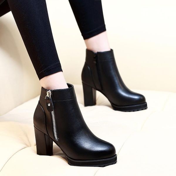 

thick heels ankle boots women winter boots fur plush zipper botas solid leather ankle booties femme high heel platform botines, Black