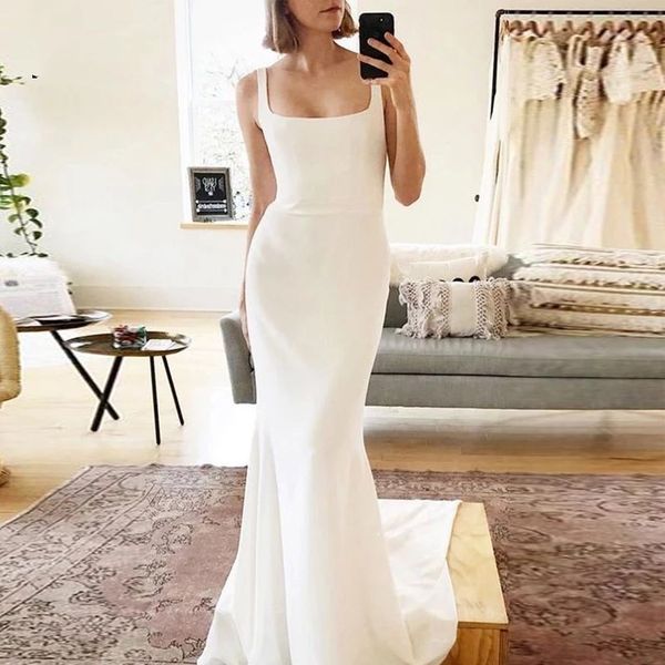 

старинные ivory boho свадебные платья квадратный шеи русалка мягкая пятно длинные поезд невесте платья без без рукавов без без рукавов прост, White