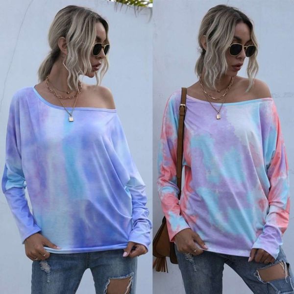 

t-shirt autumn tie women's dye printed loose crew neck casual versatile trend gradient off shoulder top, Black;gray