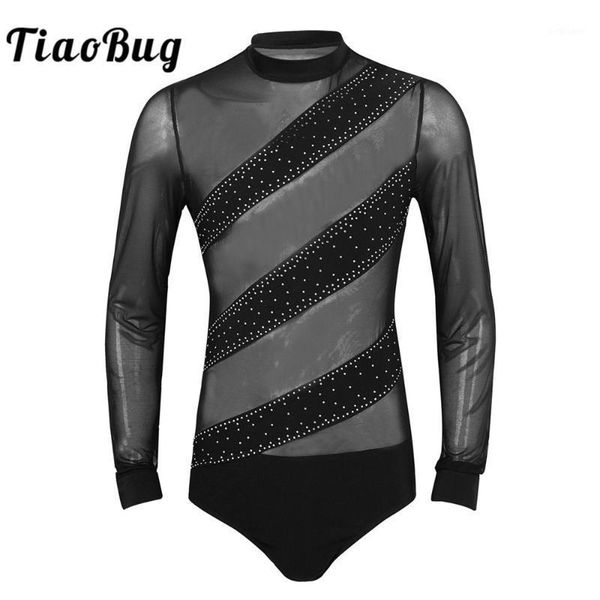 

men competition dancewear shiny rhinestones long sleeves mesh splice gymnastics leotard latin tango rumba ballroom shirt 1, Black;red