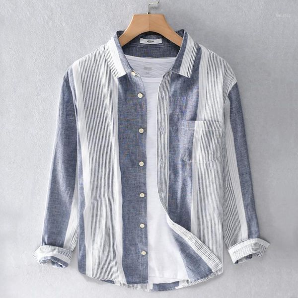 

2020 spring and summer new striped casual long sleeve shirt men brand linen shirts for men fashion comfortable shirt mens camisa1, White;black