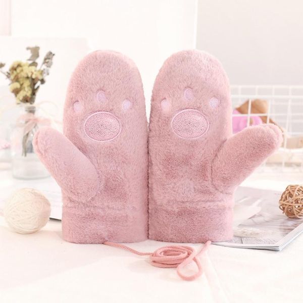 

Toddler Kids Winter Fluffy Plush Full Finger Gloves Cartoon Bear Embroidery Windproof Thermal Mittens with String, Blue;gray