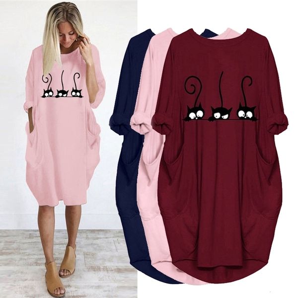 

cute cat print women plus size dress long sleeve pocket casual loose vintage spring autumn woman dresses party female vestidos lj200909, Black;gray