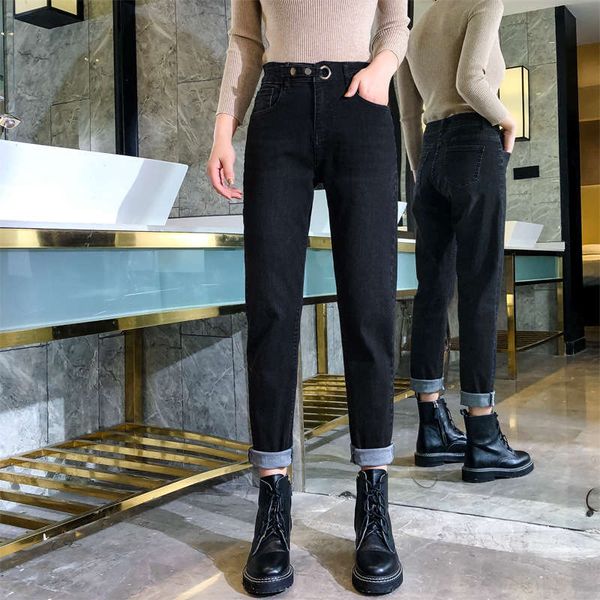 

spring 2020 net red harun waisted slim high elastic straight tube nine point jeans female father radish pants, Blue