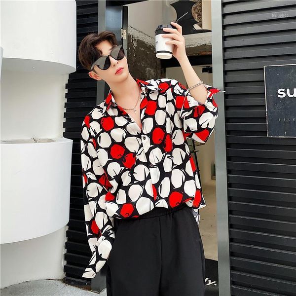 

new male streetstyle retro pattern loose dress shirt beach shirt men fashion print casual long sleeve shirts1, White;black