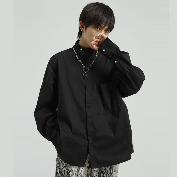 

men stand collar casual long sleeve shirts male japan korea style streetwear hip hop dress shirts white black1, White;black
