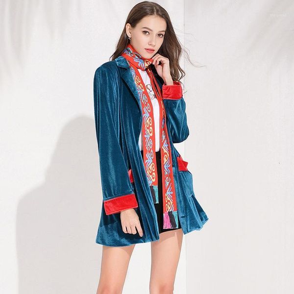 

leisure suit velvet retro-national style autumn 2020 new high-end wear cardigan belt scarf royal blue indie folk personality1, White;black