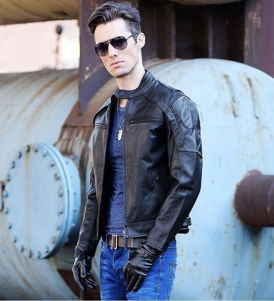 

dhl biker brand winter fashion men genuine leather jacket clothing,cool slim jackets,man motorbiker warm coat, Black