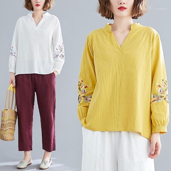 

cotton and linen t-shirt plus-sized loose and comfortable embroidery1, White