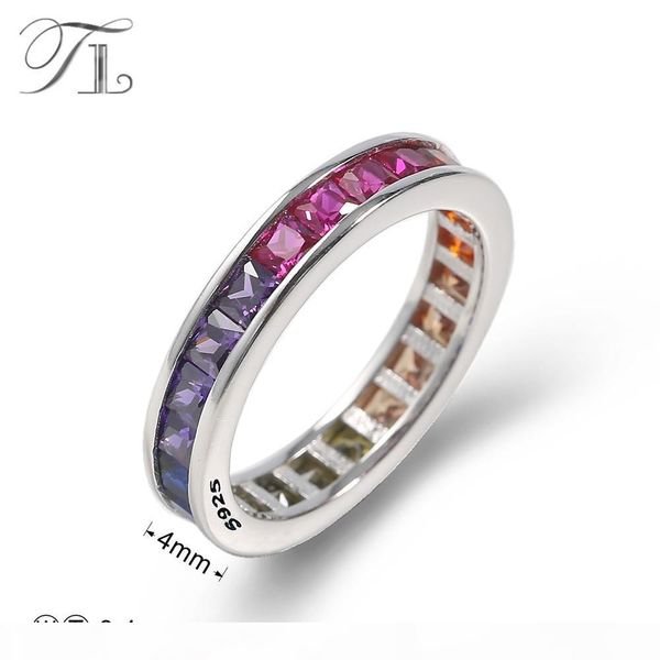 

tl women's wedding eternity band princess rainbow cubic zircon stone rings with 925-sterling-silver engagement anniversary rings y18907, Slivery;golden