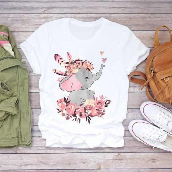 

women cartoon kawaii aesthetic elephant flower love 90s print lady t-shirts womens graphic t shirt ladies female tee t-shirt, White