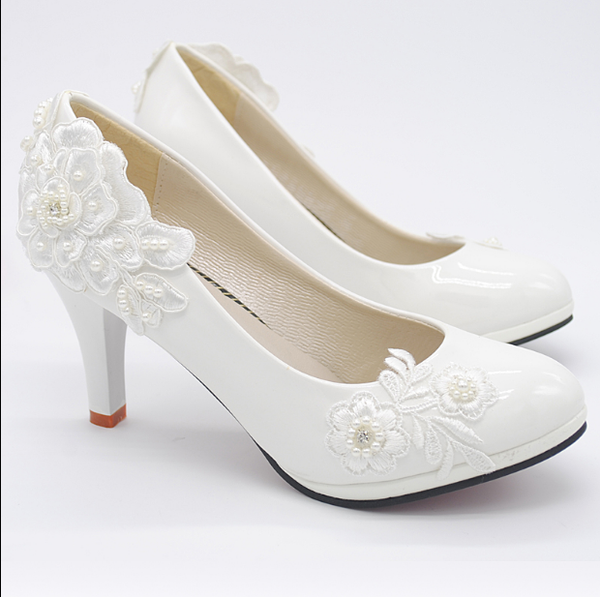 

white lace princess pearls floral lady wedge shoes wedding bridal women high heel shoes, Black