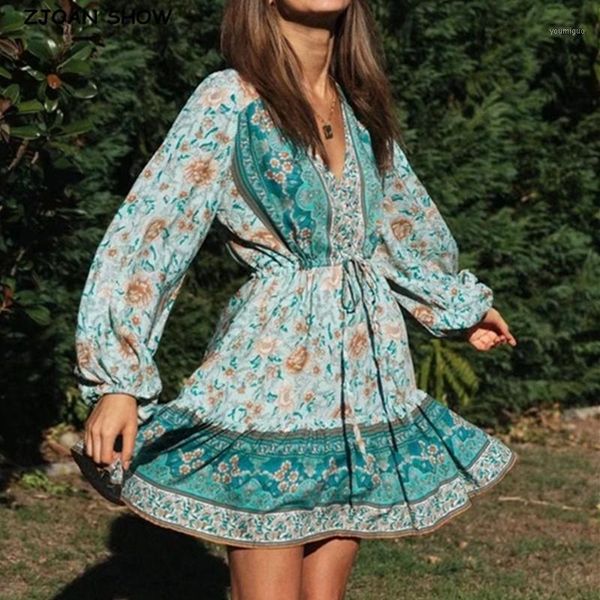 

bohemia buttons v neck mint floral print boho long sleeve dress woman adjustable lacing up waist holiday dresses knee length1, Black;gray