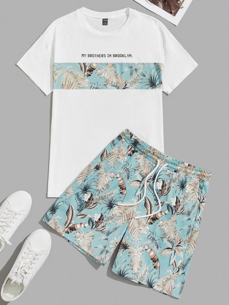 

men tropical tee & drawstring shorts set j0eb#, Gray