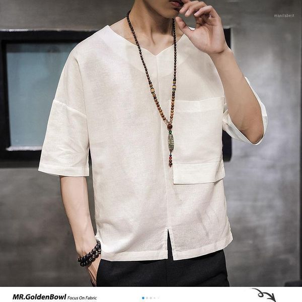 

mrgoldenbowl 2020 man chinese style embroidery solid t shirts men's loose linen v-neck summer vintage t-shirts male oversize, White;black