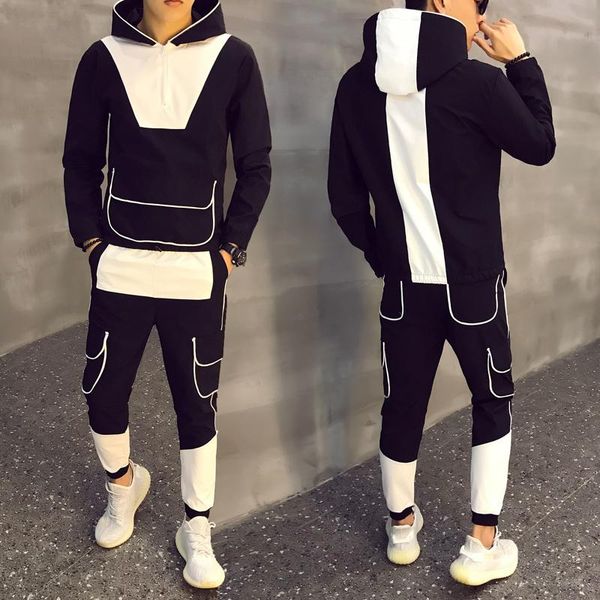 

men's tracksuits autumn men causal splicing contrast sets camo jacket+pants 2pc tracksuit sportwear hoodies sweatshirt &pant suit plus, Gray