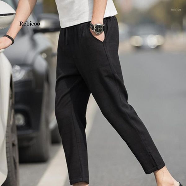 

new trendy plus size pants men plaid drawstring pocket elastic waist pencil trousers casual harem pants men trousers1, Black