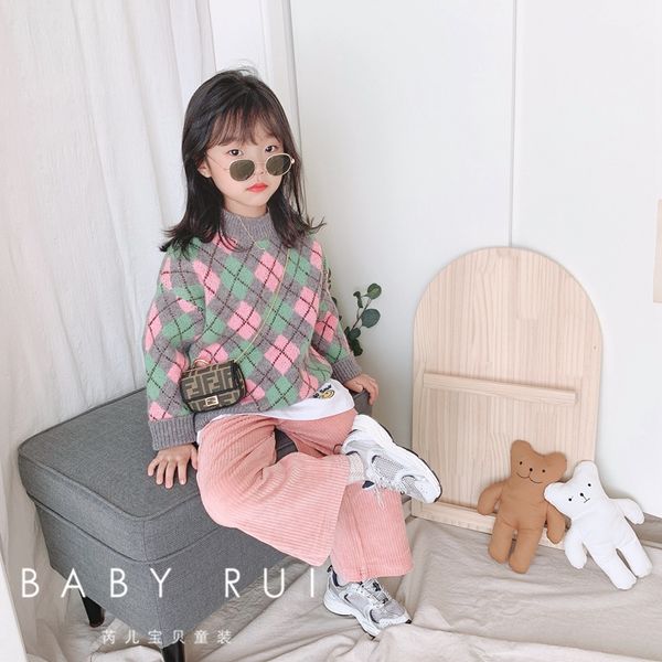 

korean suit girls and children's winter thickened plaid long sleeve t-shirt bottoming sweater cashmere casual pants, White