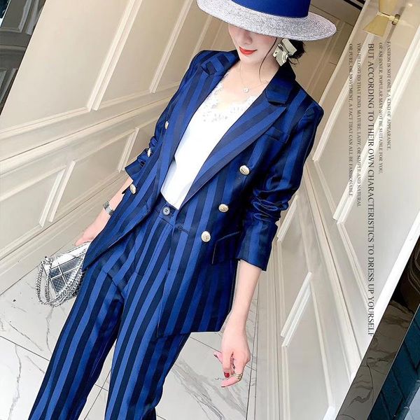 

women's two piece pants blue striped suit women fall 2021 collar double-breasted professional two-piece gc5831, White