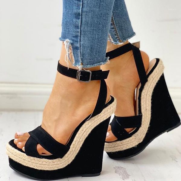 

dress shoes ins ankle buckled leisure women wedges sandals 2021 summer elegant party platform high heels woman1, Black