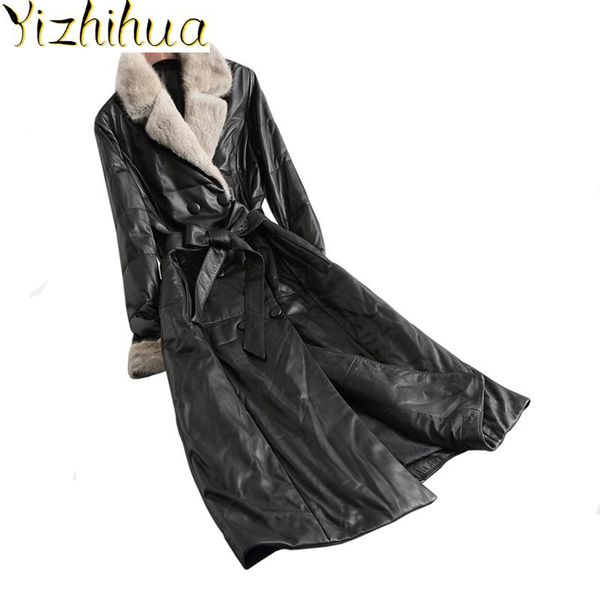 

leather jacket mink genuine fur collar down jackets 2021 winter jacket women 100% sheepskin coat female overcoat my3693, Black