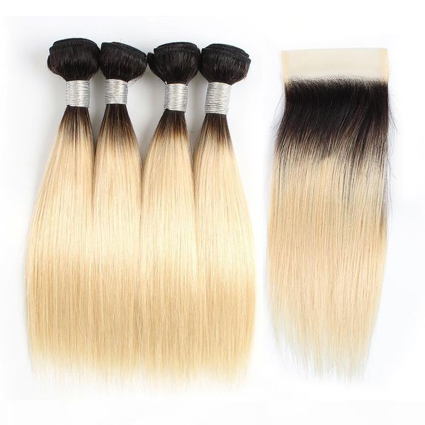 

ombre blonde straight hair bundles with closure 1b 613 dark roots 50g bundle 10-12 inch 4 bundles brazilian remy human hair extensions, Black
