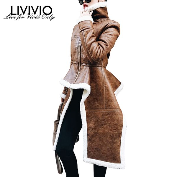 

livivio] irregular fleece coats pu leather turtleneck zipper midi long coat winter thick female large size tide clothingx1020, Black