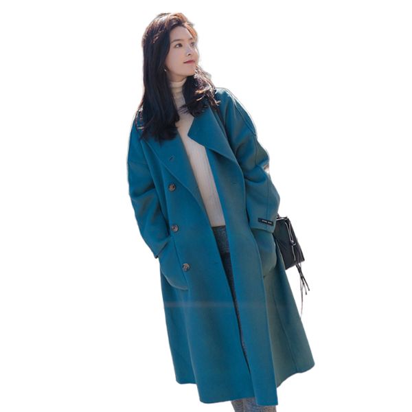 

fanco elegant fashion slim korean casual double-breaste outerwear women's woolen coat long loose solid double breased overcoat, Black