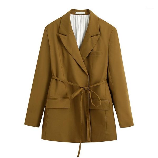 

brown color notched neck blazer women long sleeve pocket blazers with belt fashion back split bandage coat lady casaco1, White;black